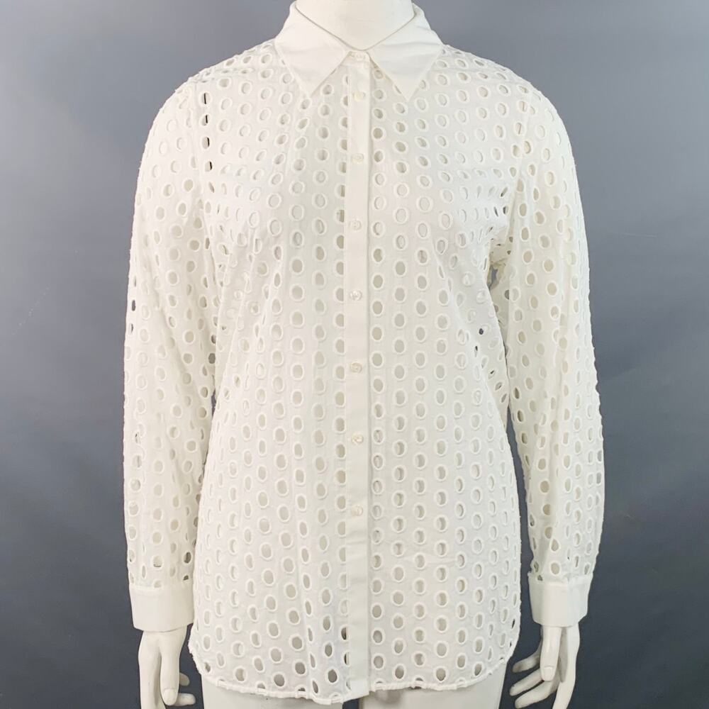 L'AGENCE Size L White Cotton Eyelet Spread Collar Button Up Shirt